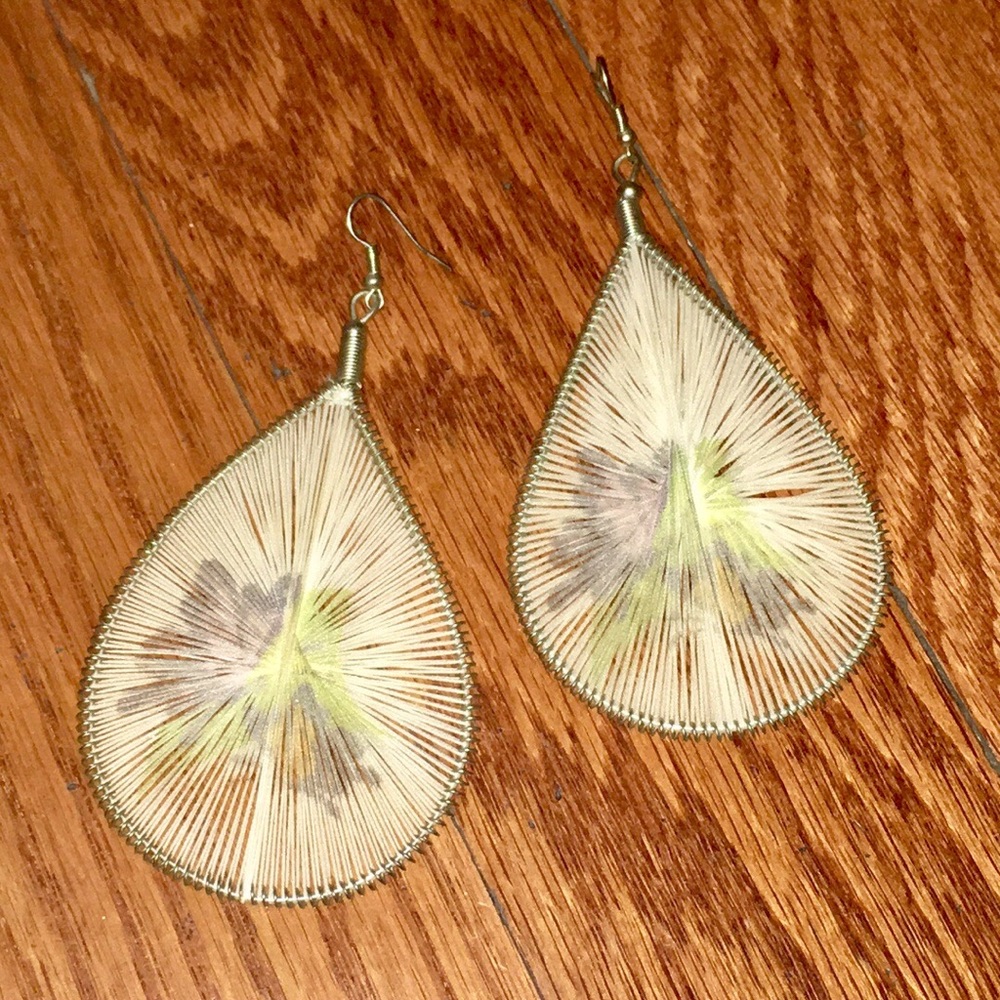 Tan cream purple green Dangling string Weaved tear drop shaped earrings